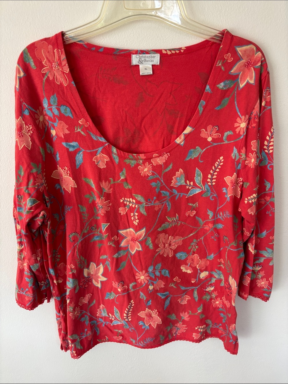 Christopher & Banks Red Floral Scoop Neck Long Sleeve Top